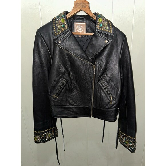Double D Ranch Leather Jacket Rare Bejeweled Coat Womens Medium Western Cross